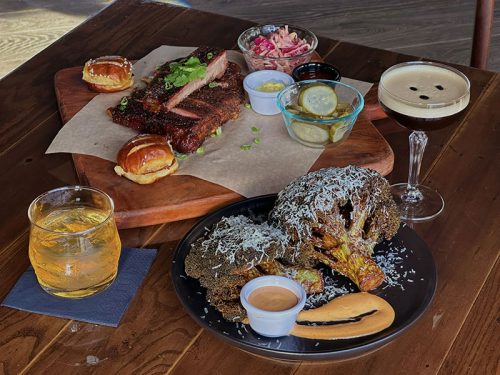 Ribs,Broccoli, Espresso Martini and Bourbon ribs plate, burnt ends broccoli, espresso martini, and a Cutler's Artisan Spirits Bourbon Cocktail at Cutler's Public House in Santa Barbara, CA