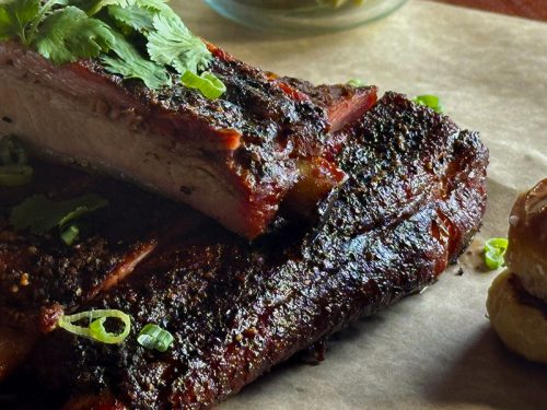 Ribs-Closeup smoked pork ribs at Cutler's Public house in Santa Barbara
