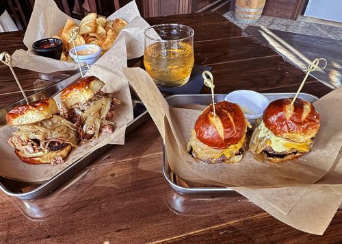 Sliders-&-Chips sliders and chips and bourbon cocktail at Cutler's Public House in Santa Barbara, CA